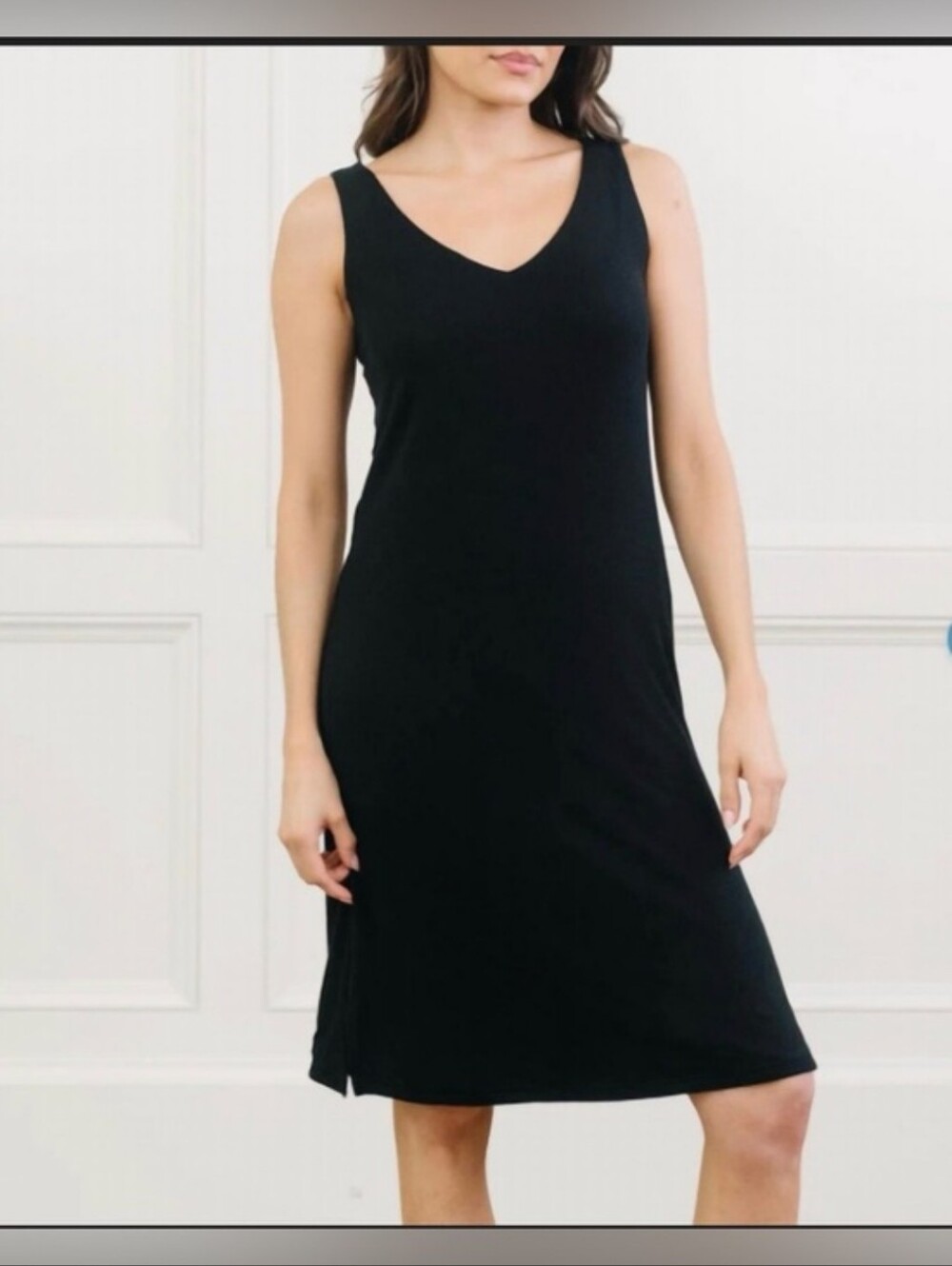 Cozy Earth Rib Knit V-Neck Tank Lounge Dress Black Medium